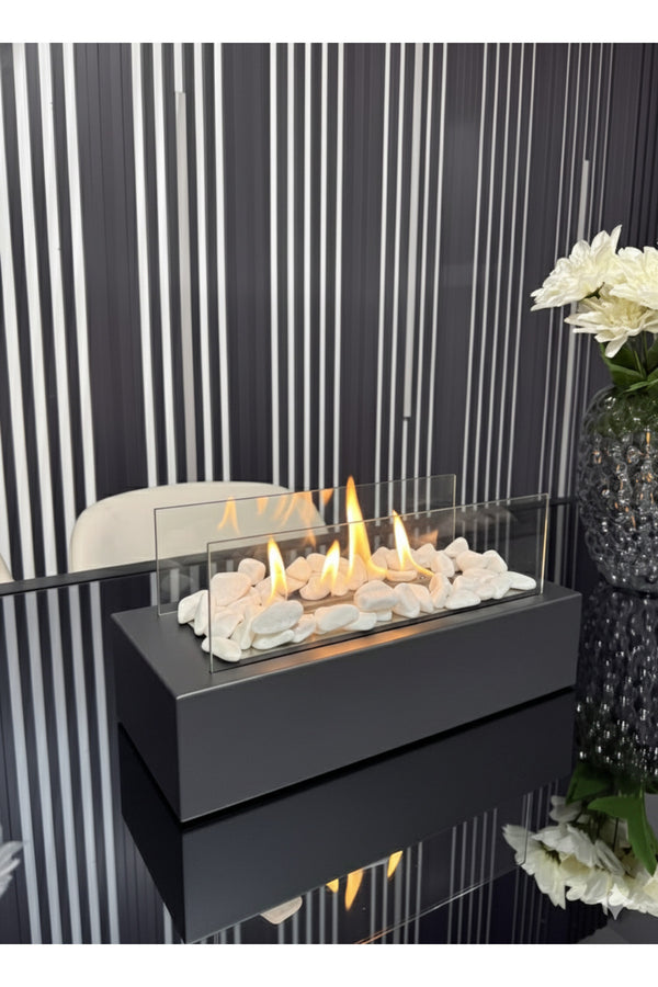 Premium Metal Masaüstü Şömine - Antrasit / Sertifikalı Yakıt Ve Dekoratif Taş Hediyeli