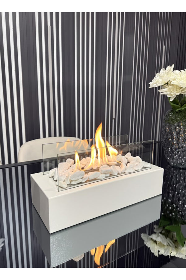 Premium Metal Masaüstü Beyaz Şömine - Dekoratif Taş ve Yakıt Hediyeli